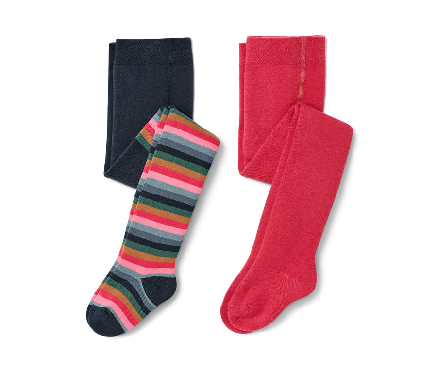 Dwie pary termoaktywnych rajstop dziecięcych: jedna granatowa, druga w paski.