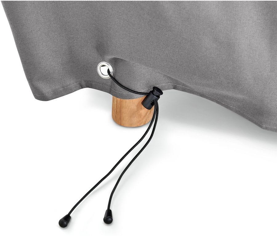 Zbliżenie szarej osłony premium na duże stoły rozsuwane, ze sznurkiem do ściągania w kolorze czarnym i drewnianą nogą stołu.