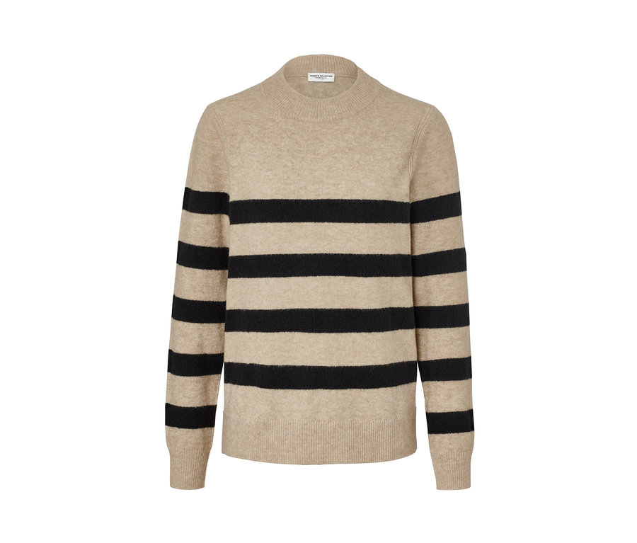 Pasiasty sweter w kolorze beżowym i czarnym.