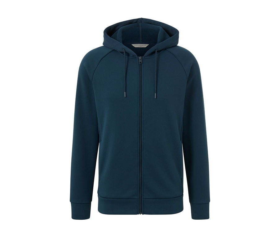 Granatowa bluza funkcyjna z kapturem zapinana na środku na zamek błyskawiczny.