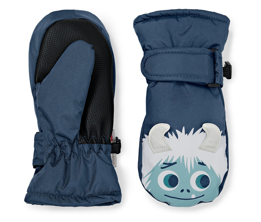 Dwie niebieskie dziecięce rękawice z twarzą postaci z kreskówki.