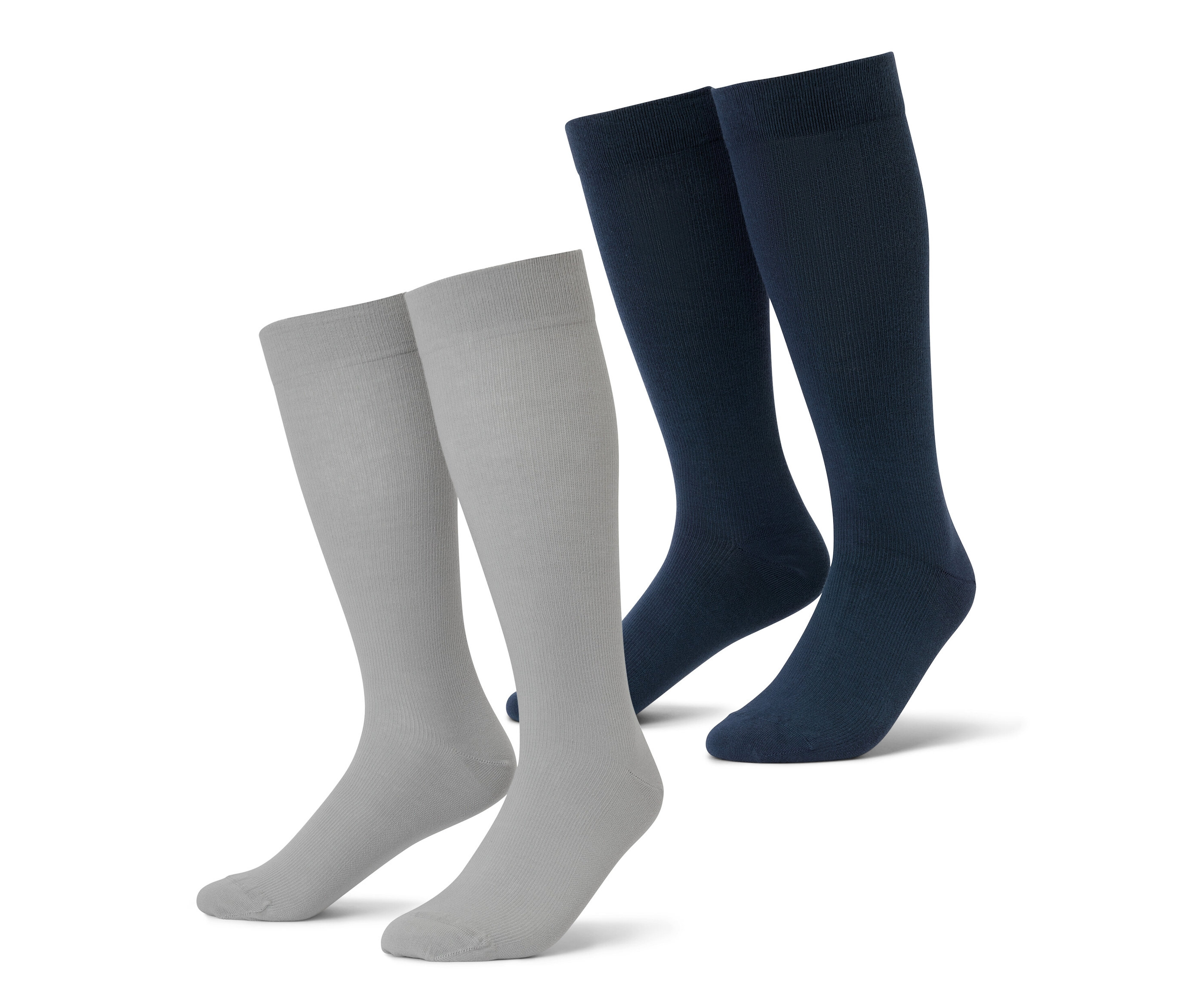 Dwie pary podróżnych skarpet uciskowych w kolorze szarym i granatowym.