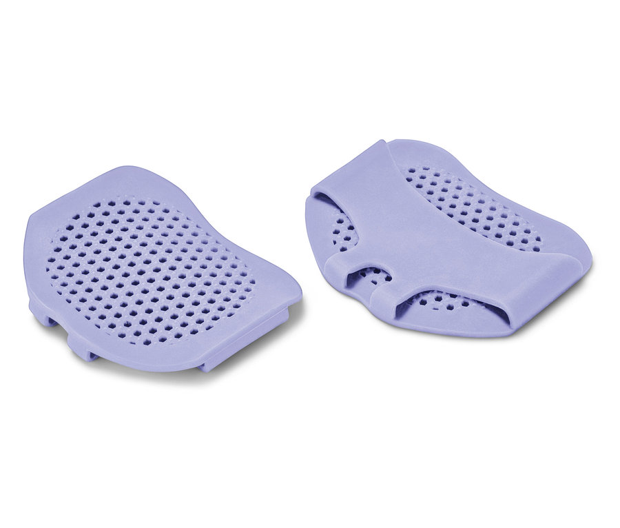 Dwie fioletowe podkładki z otworami na białym tle.