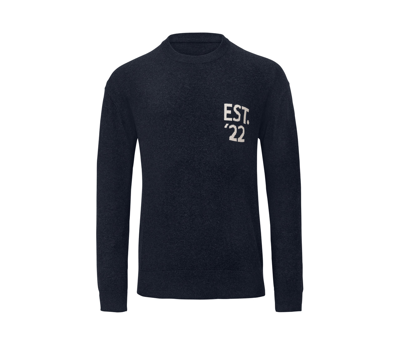 Granatowy sweter z napisem "EST. '22" u góry.