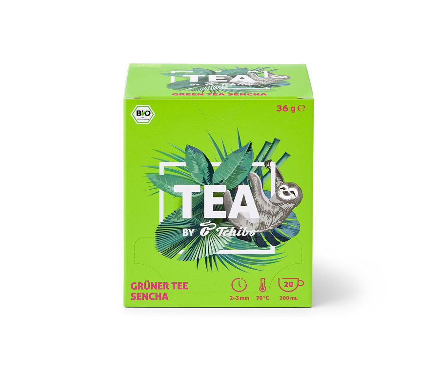 Opakowanie BIO TEA by Tchibo Sencha 8x20x1,8 g zielonej herbaty z leniwcem.