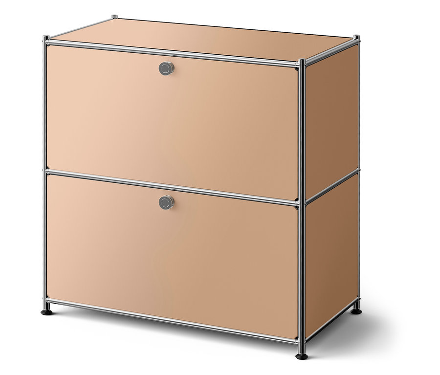 Beżowa szafka z dwiema szufladami i srebrną ramą.