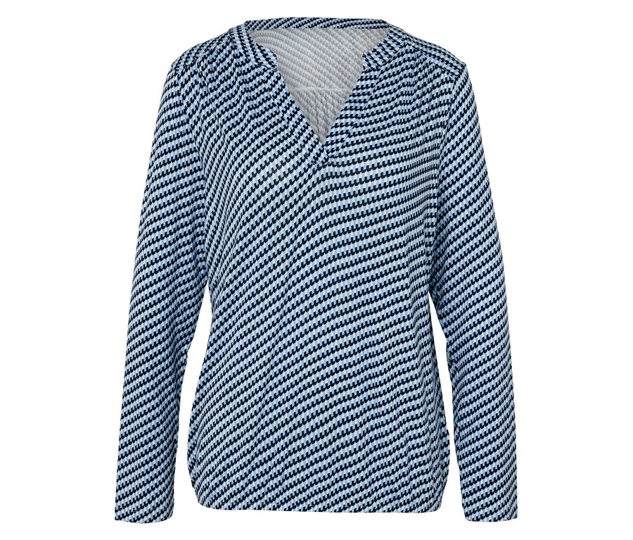 Bluzka w paski biało-niebieskie z długim rękawem i dekoltem w serek.