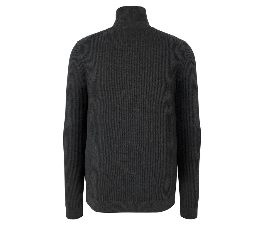 Widok z tyłu rozpinanego swetra z dzianiny w kolorze antracytowym.