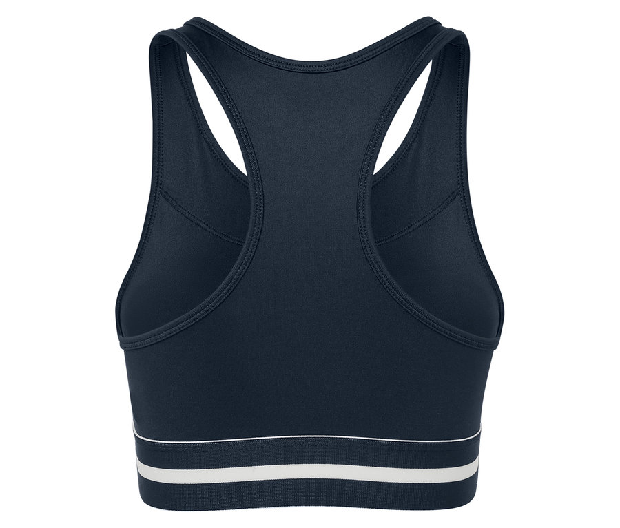 Widok z tyłu niebieskiej sportowej braletki „Crop Top”.