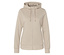 Beżowa bluza z kapturem zapinana na zamek błyskawiczny pośrodku.