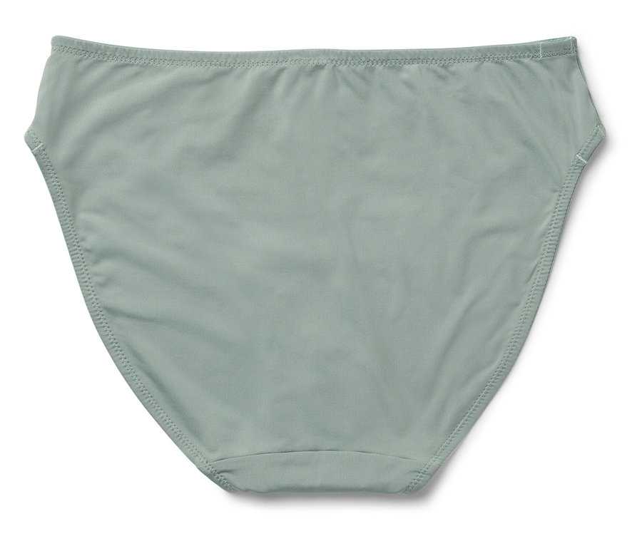 Zbliżenie na damskie majtki kąpielowe w kolorze szarozielonym.