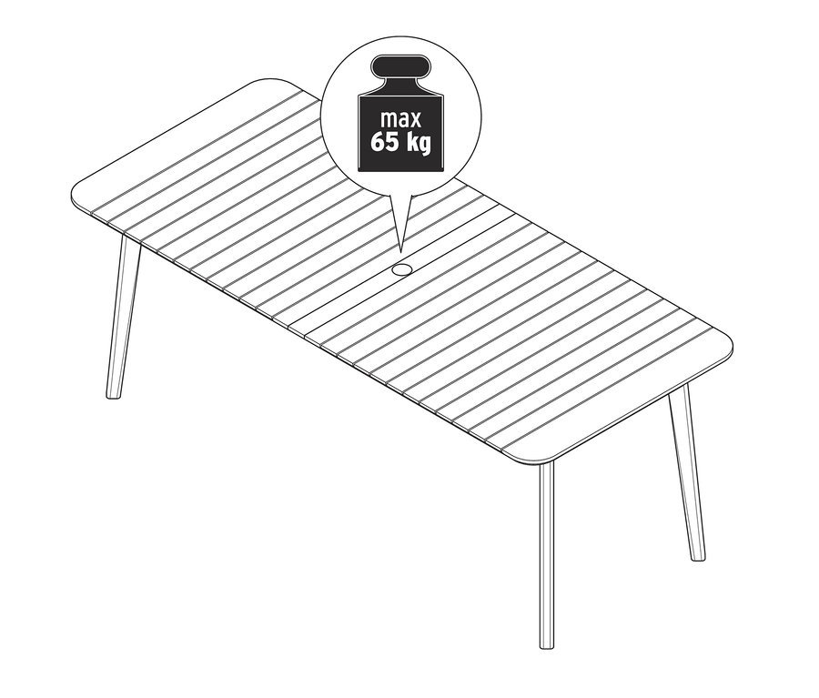 Rysunek podwójnie rozkładanego stołu z drewna tekowego. Nad stołem znajduje się dymek z maksymalną wagą 65 kg.