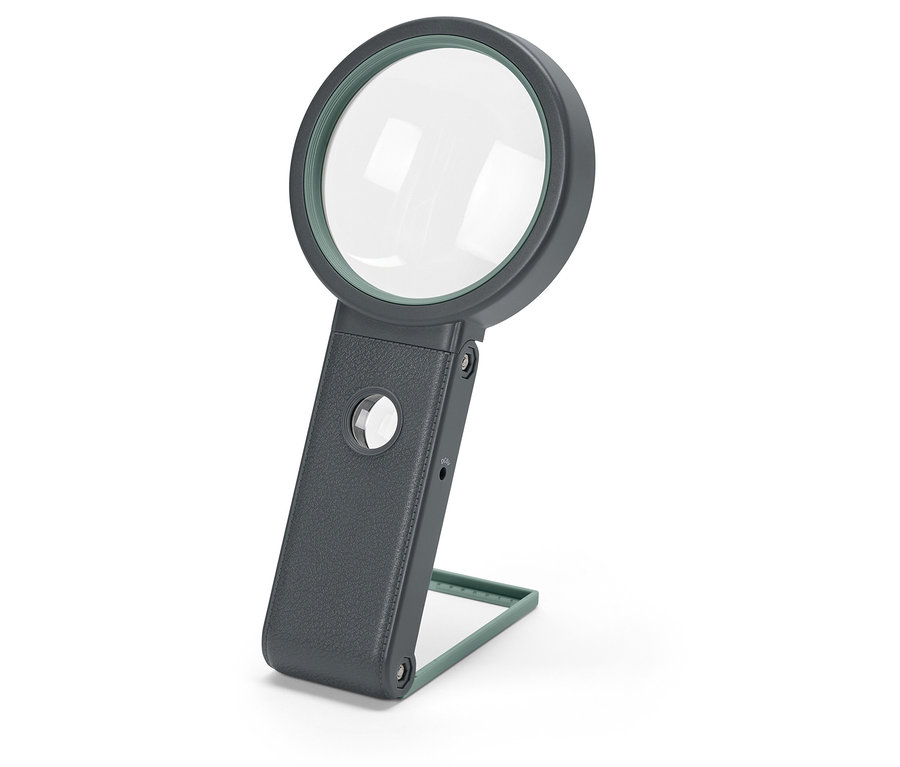 Szczegółowe ujęcie lupy roboczej LED ze stojakiem.