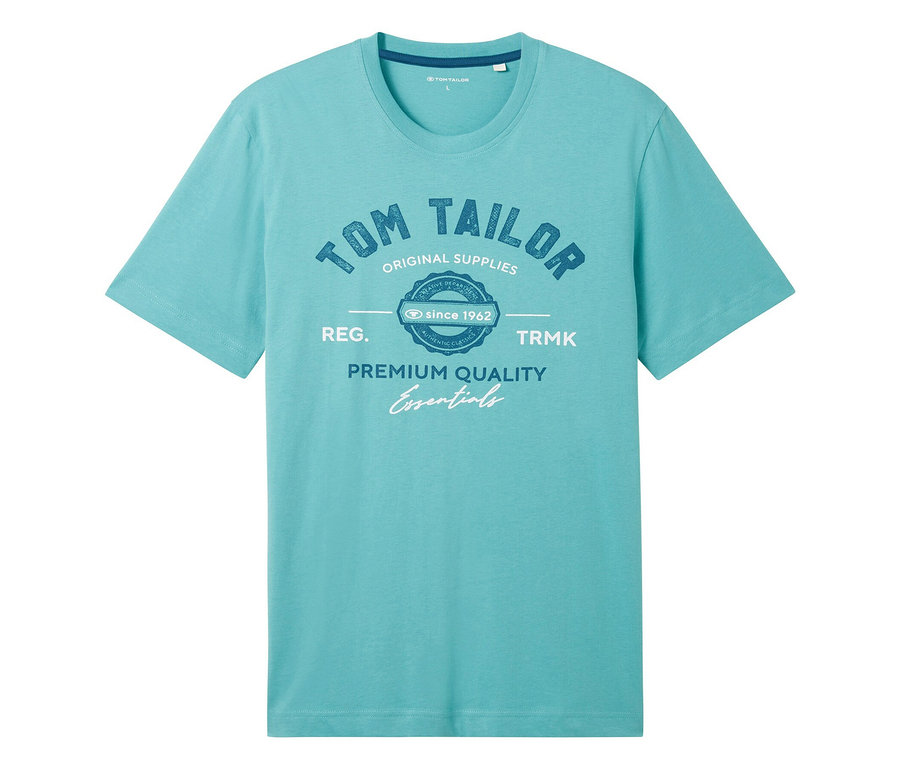 Błękitny T-shirt z nadrukiem "Tom Tailor Original Supplies" i napisem "Premium Quality Essentials".