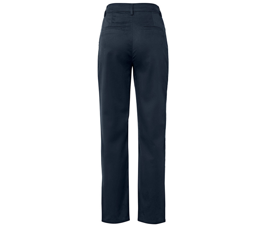 Widok z tyłu granatowych spodni o prostych nogawkach.