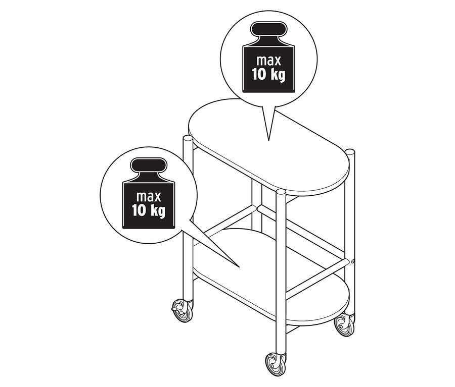 Ilustracja wózka barowego z litego drewna z 2 półkami, z informacją o maksymalnej wadze.