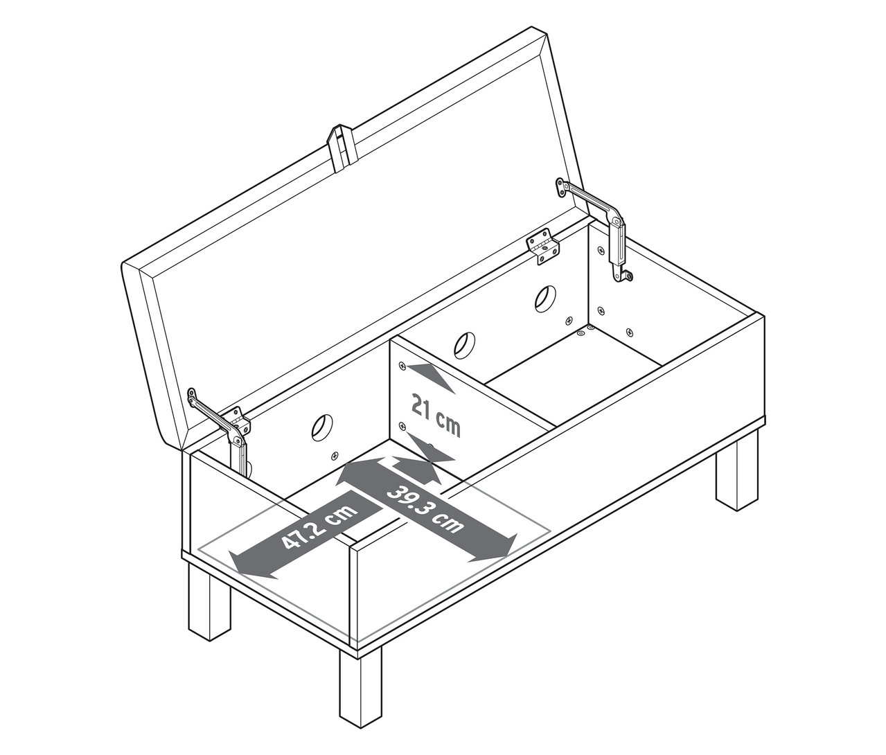 Otwarta ławka ze schowkiem „Leira” z tapicerowaną pokrywą z podanymi wymiarami.