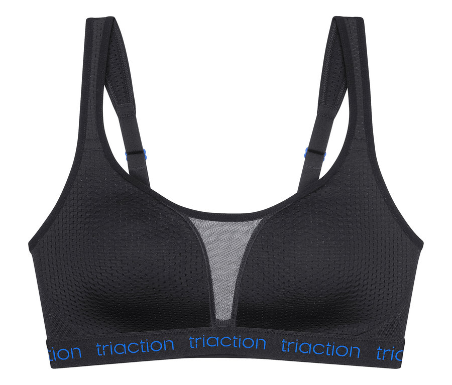 Czarny biustonosz sportowy z siateczkową wstawką i niebieskim napisem 'Traction' na dolnym pasku.