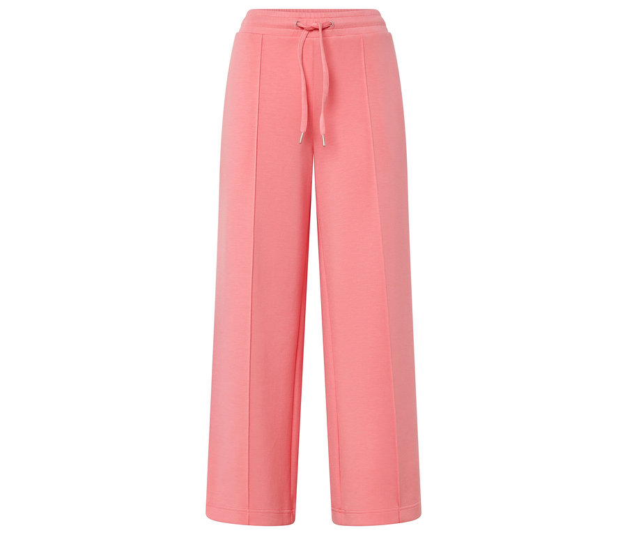 Na zdjęciu widoczne są długie, koralowe spodnie z szerokimi nogawkami i sznurkiem.