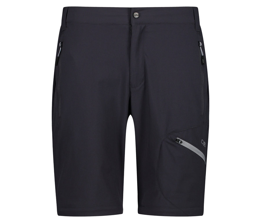 Zbliżenie czarnych szortów z kieszeniami i zamkami błyskawicznymi.