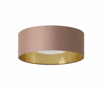 Cylindryczna lampa sufitowa z beżowym abażurem z tkaniny i złotym wnętrzem, białym dyfuzorem.