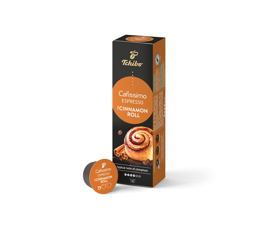 Opakowanie kapsułek Cafissimo Flavoured Edition – Cinnamon Roll – 10 kapsułek z pojedynczą kapsułką obok.