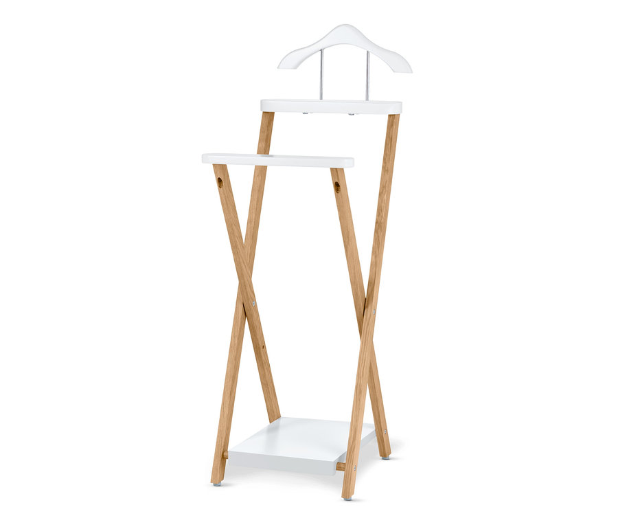 Składany niemy służący z dwiema białymi półkami i wieszakiem na ubrania na górze.