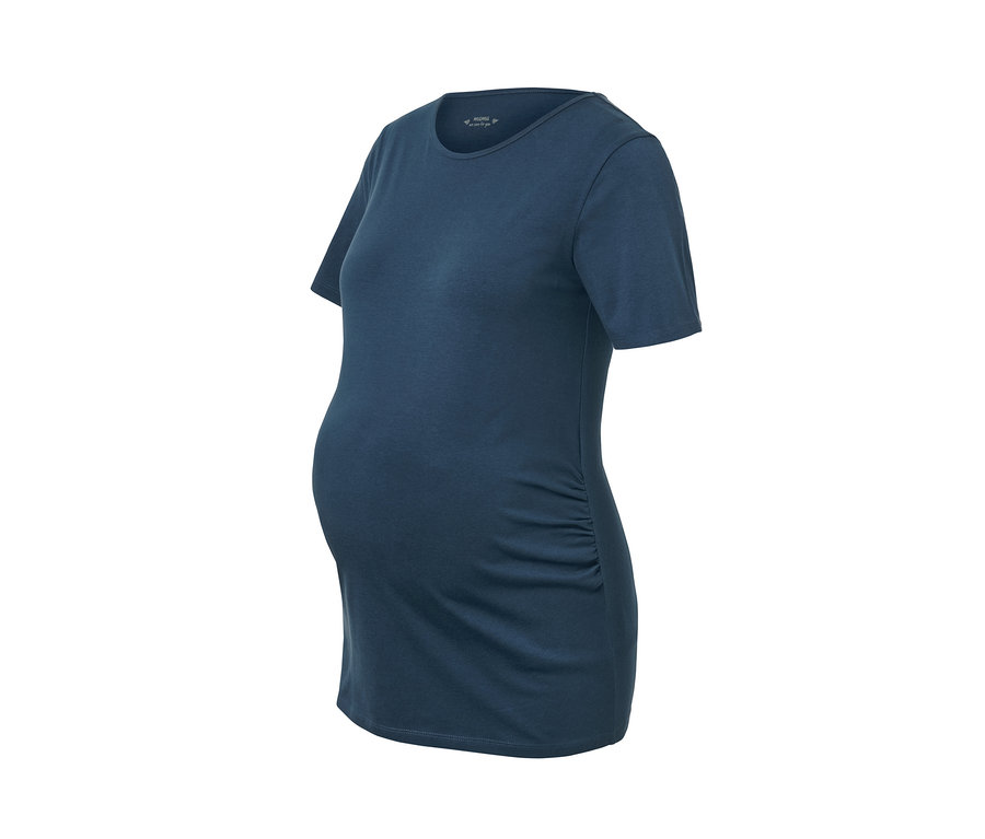Zbliżenie na jeden z 2 granatowych T-shirtów ciążowych.
