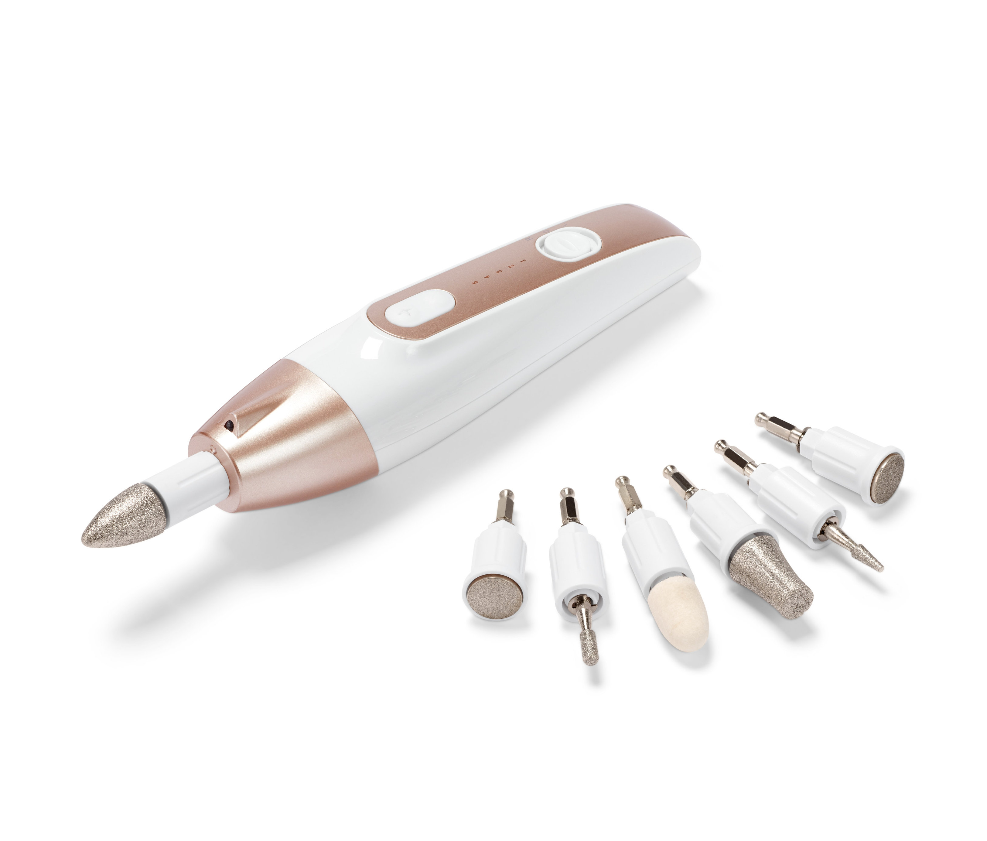 Biało-złoty profesjonalny zestaw do manicure i pedicure »CM 2100« marki ADE z elektrycznym pisakiem i sześcioma nasadkami leży na białym tle.