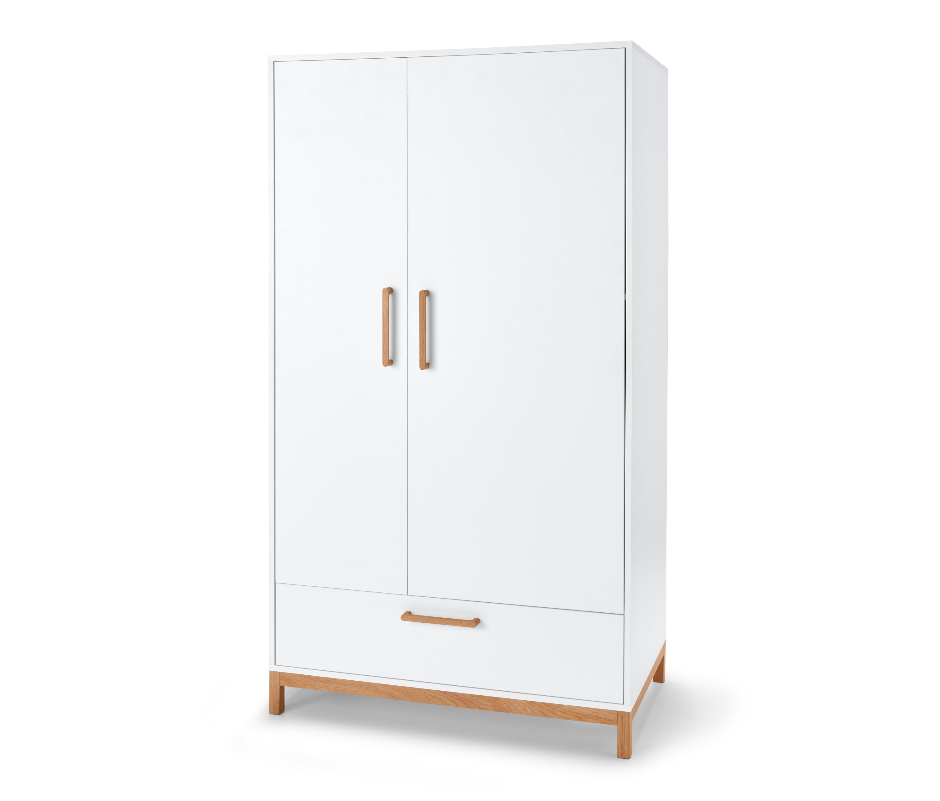 Biała szafa z dwojgiem drzwi i jedną szufladą.