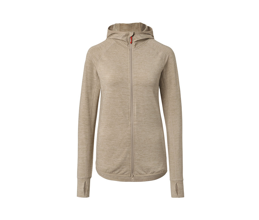 Beżowa kurtka z kapturem »Softtouch« zapinana na zamek błyskawiczny.