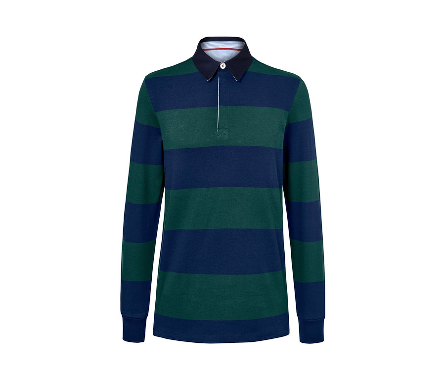 Koszulka polo z długim rękawem w poziome paski w kolorze granatowym i zielonym.