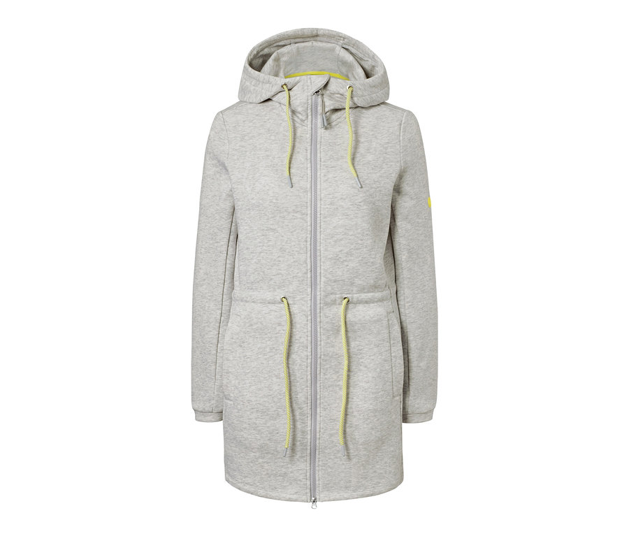 Szara długa bluza dresowa z kapturem i żółtymi sznurkami.