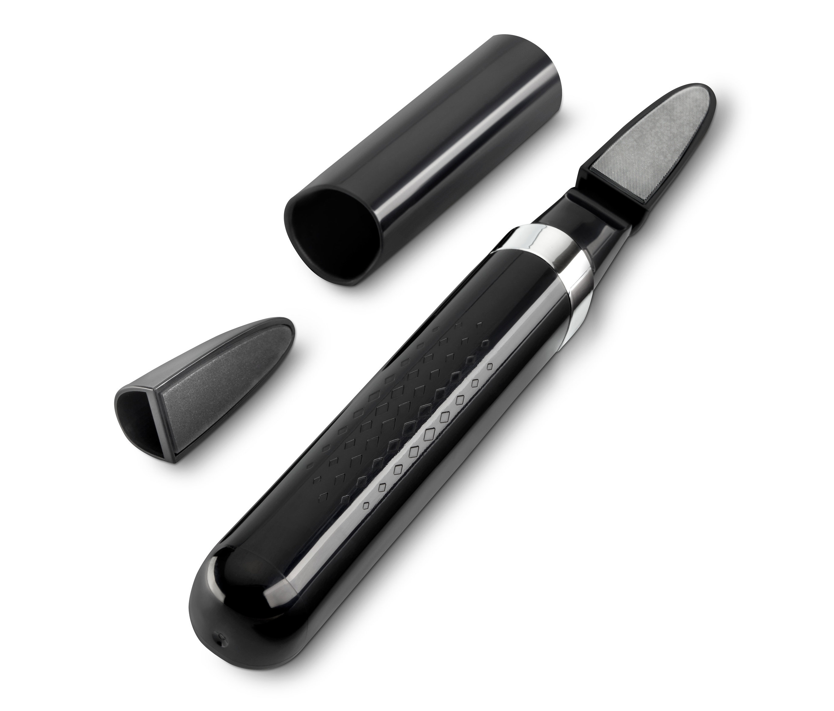 Czarny, elektryczny pilnik do paznokci ze szkła z dwiema nasadkami i nakładką.