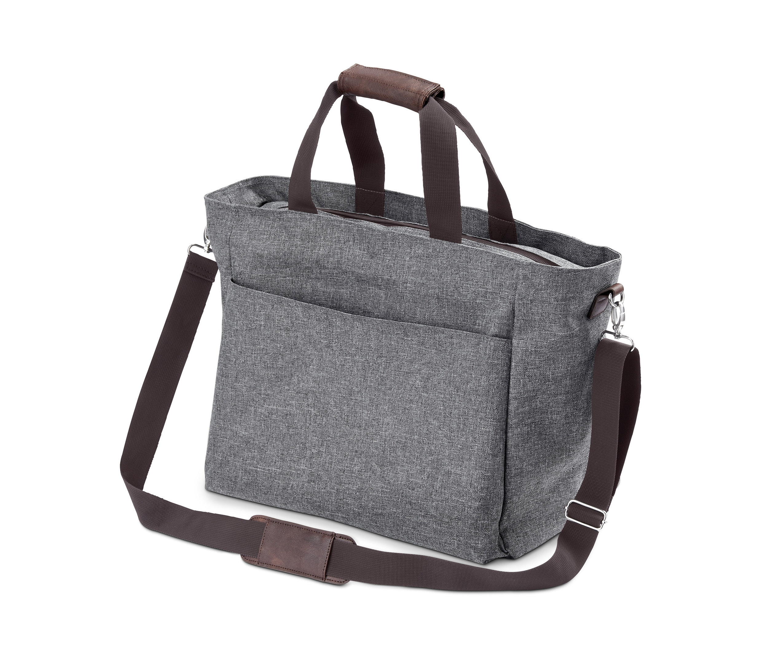 Szara torba termiczna na zakupy z brązowymi uchwytami i paskiem na ramię.