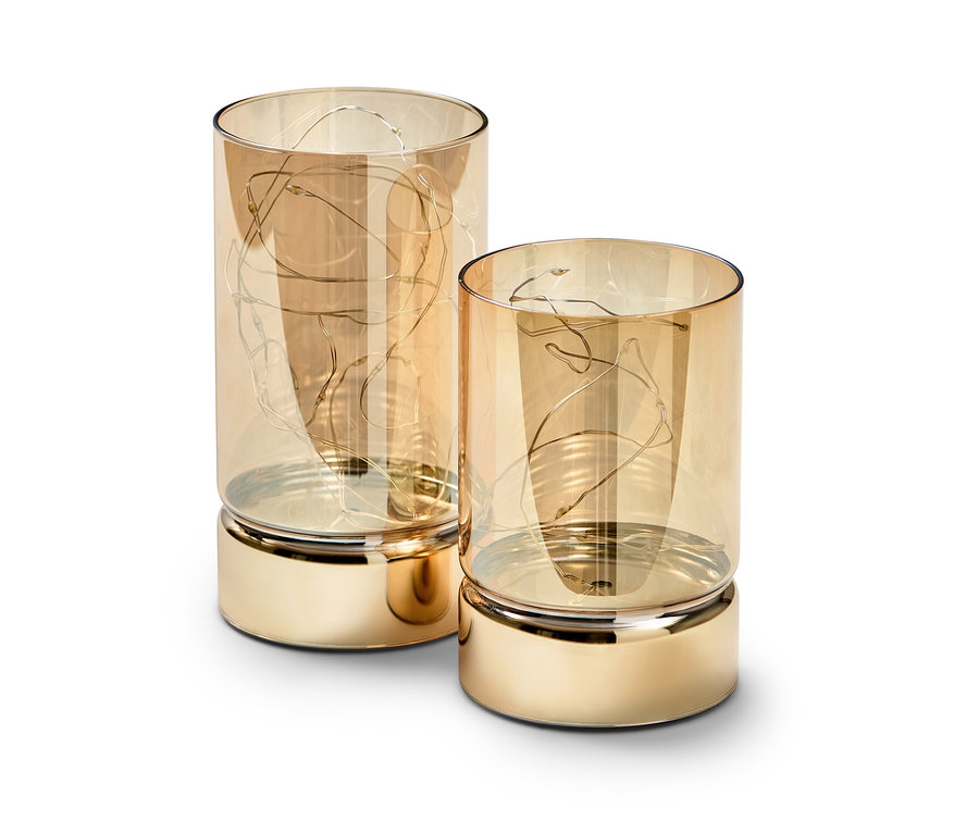 Dwa szklane lampiony LED w kolorze złotym.