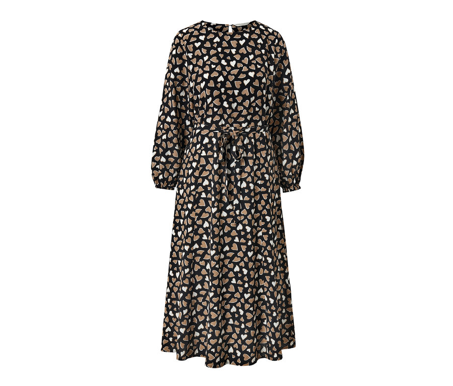 Czarna tkana sukienka z nadrukiem w serca.