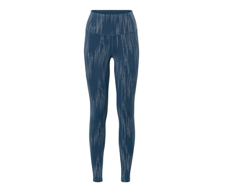 Niebieskie legginsy sportowe ze srebrnym odblaskowym nadrukiem.