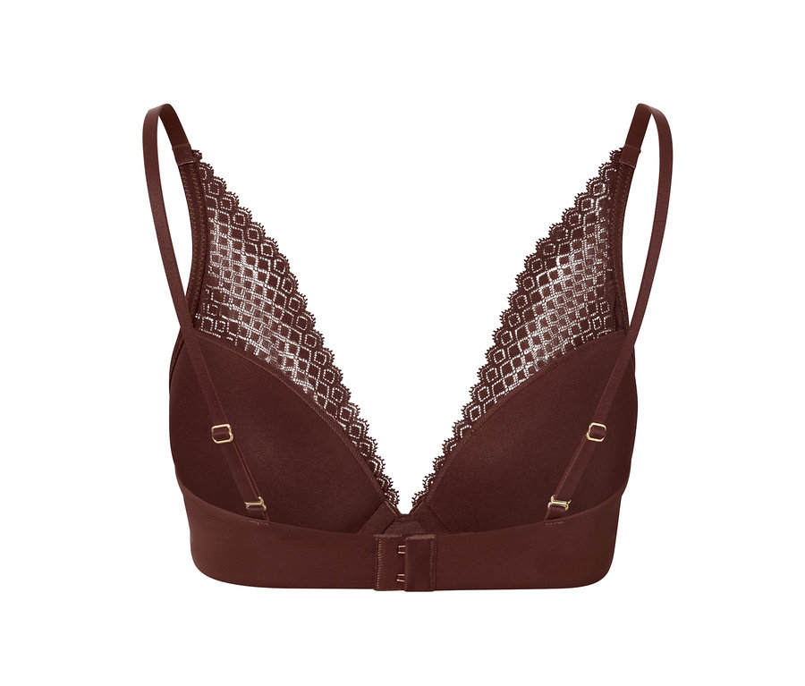 Zbliżenie brązowego biustonosza usztywnianego z koronką.