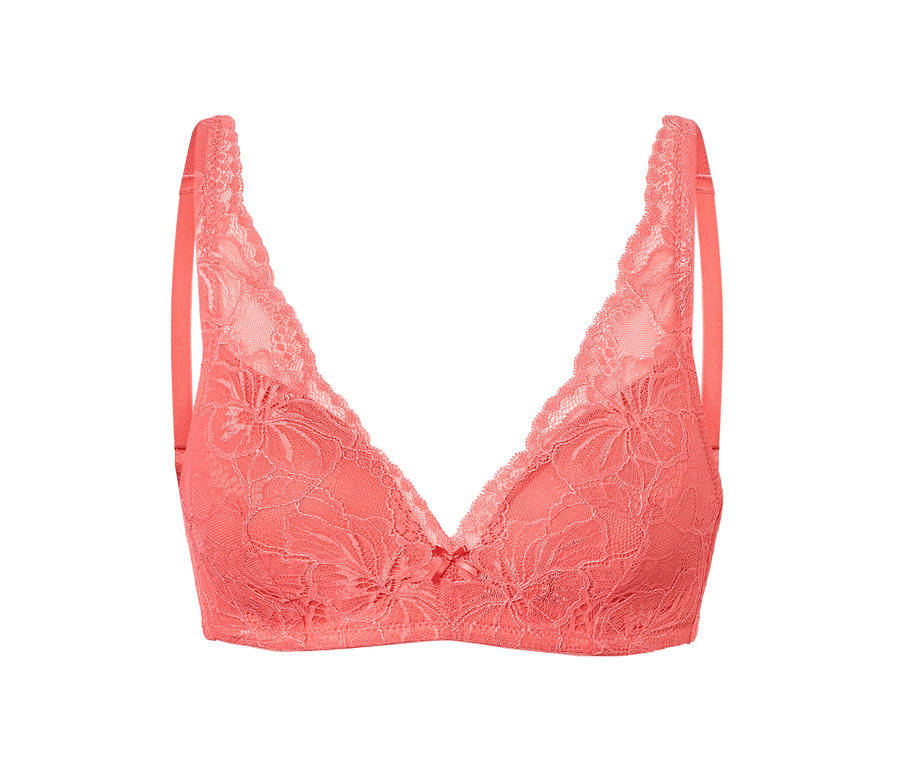 Biustonosz z miękkimi miseczkami w kolorze papai z kwiatową koronką.