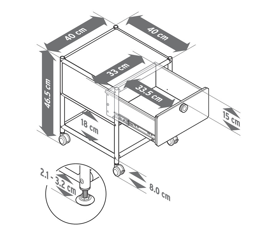 Ilustracja metalowego stolika z szufladą „CN3” z wymiarami.
