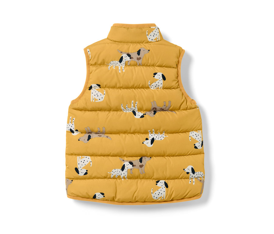 Żółta pikowana kamizelka dziecięca z nadrukiem psów.