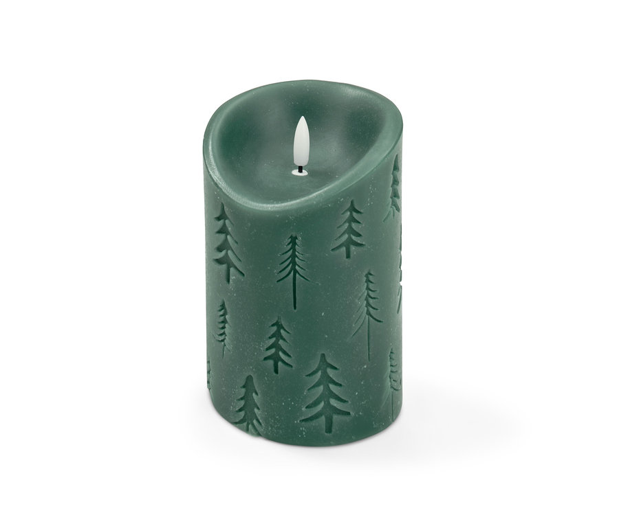 Zielona świeca LED z prawdziwego wosku z motywem drzewek.