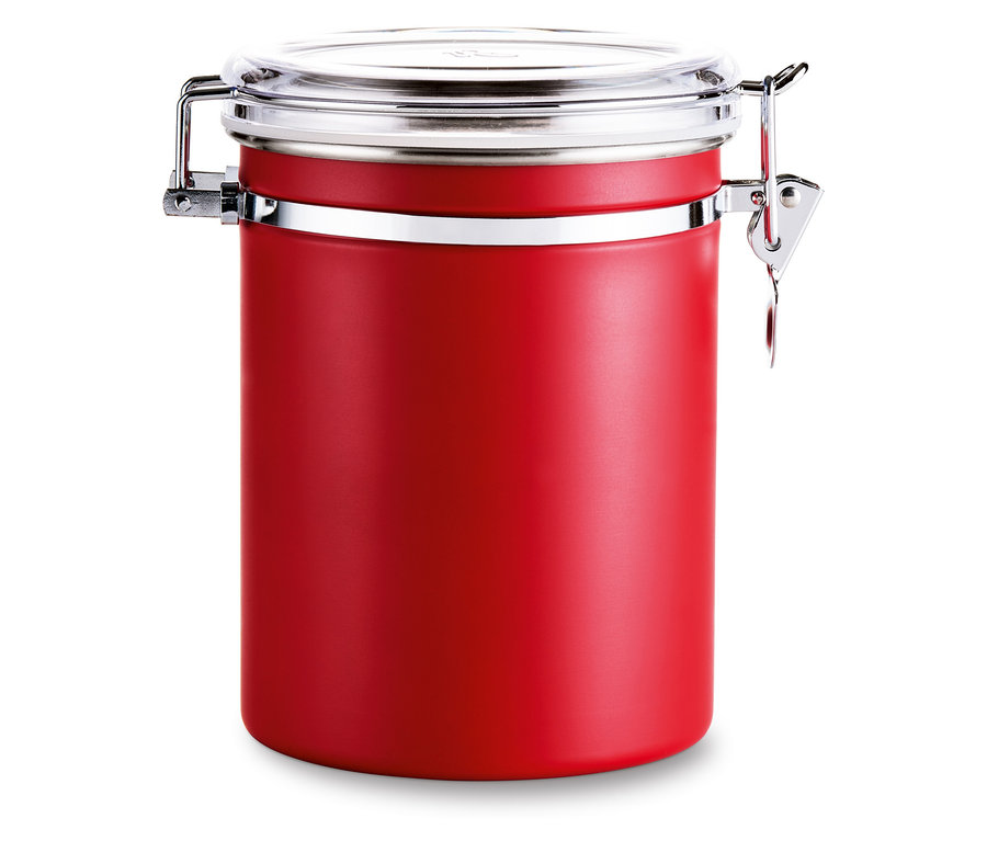 Czerwona puszka zatrzymująca zapach z metalową pokrywką.