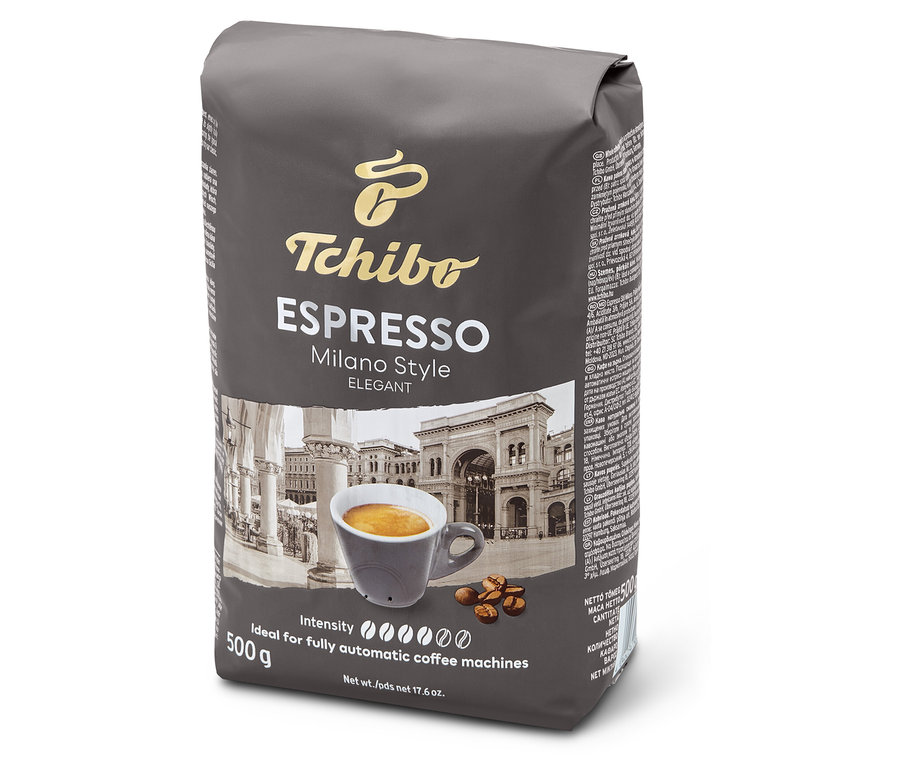 Opakowanie kawy ziarnistej Espresso Milano Style, 500 g. Na opakowaniu znajduje się filiżanka espresso i ziarna kawy.