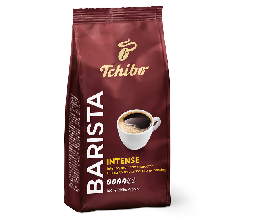 Paczka kawy palonej mielonej Tchibo Barista Intense. Na opakowaniu filiżanka kawy.