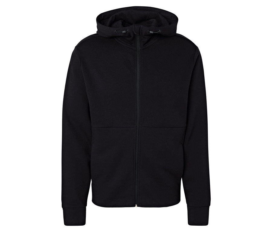 Czarna bluza z kapturem zapinana na zamek.