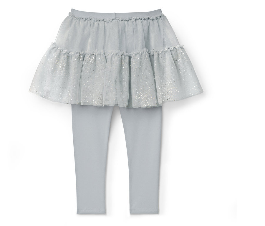 Jasnoniebieskie legginsy z jasnoniebieską tiulową spódniczką z falbankami.