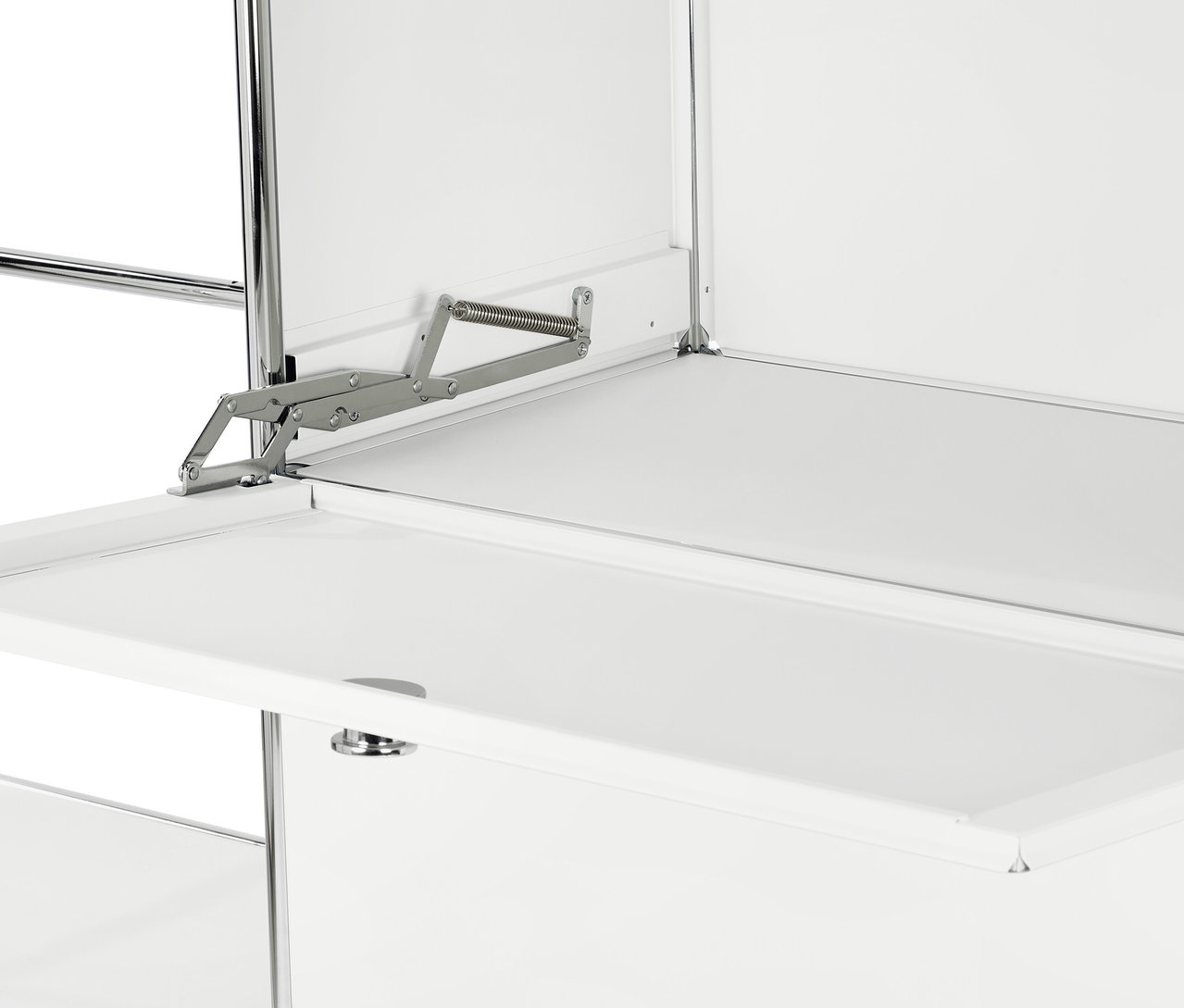 Szczegół białej metalowej szafy »CN3« z 2 składanymi przegródkami i 2 szufladami.