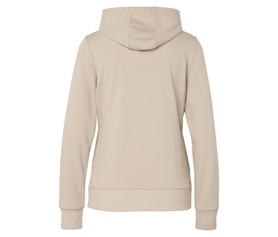 Widok z tyłu na beżową bluzę z kapturem.